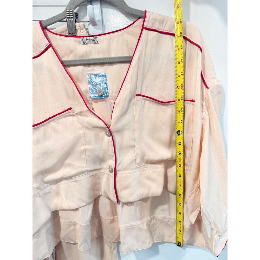 Free People Intimately Satin Pajama Set Sugar Pink Red Piping XS NEW - Picture 11 of 14